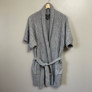 Eddie Bauer Short Sleeve Cable Knit Large Button Dolman Sleeve Belted Cardigan M